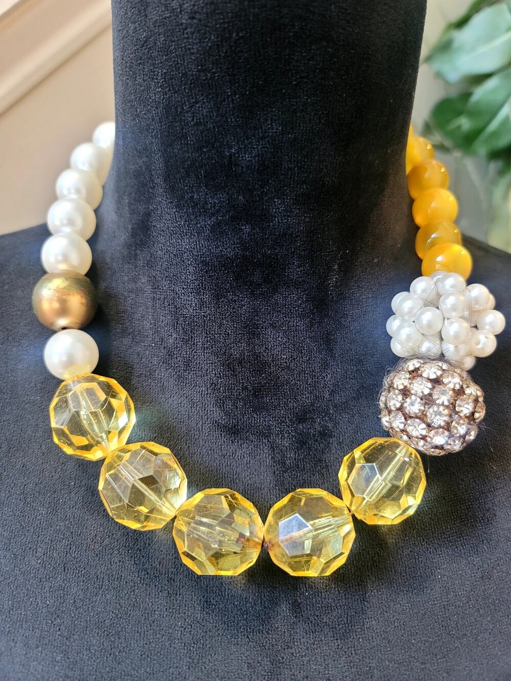Chunky Yellow Crystal Pearl Statement Necklace White Bead Rhinestone Accent